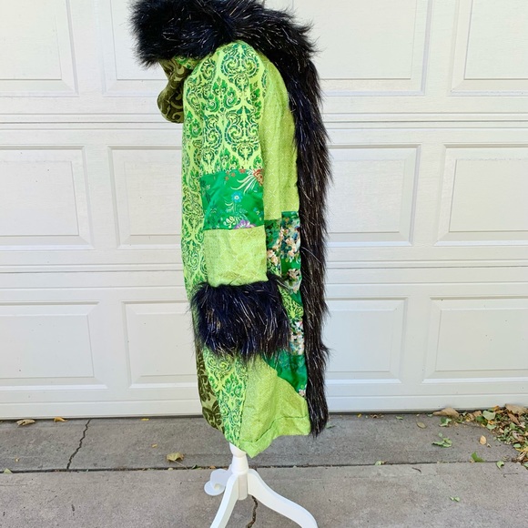 Lux Muse green black fur patchwork festival coat jacket satin lined - Picture 3 of 6